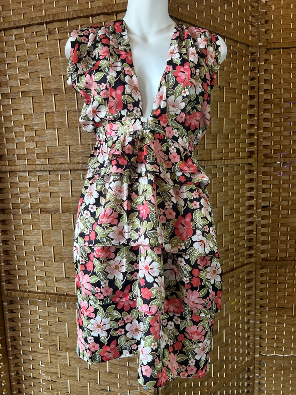 Romantic Floral Cupro Ruffle Midi Dress Open Back Plunge Cottagecore Size 2